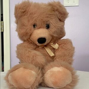 Fluffy pale pink - peachy  Teddy Bear with Ribbon